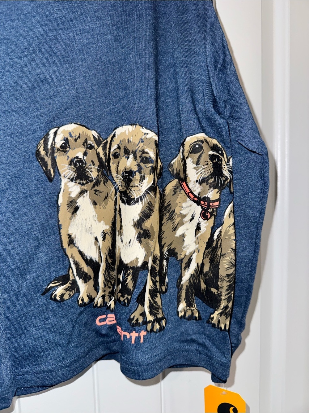 Carhartt Navy Long Sleeve Tee with Puppy Graphic and Coral Logo - Picture 3 of 6